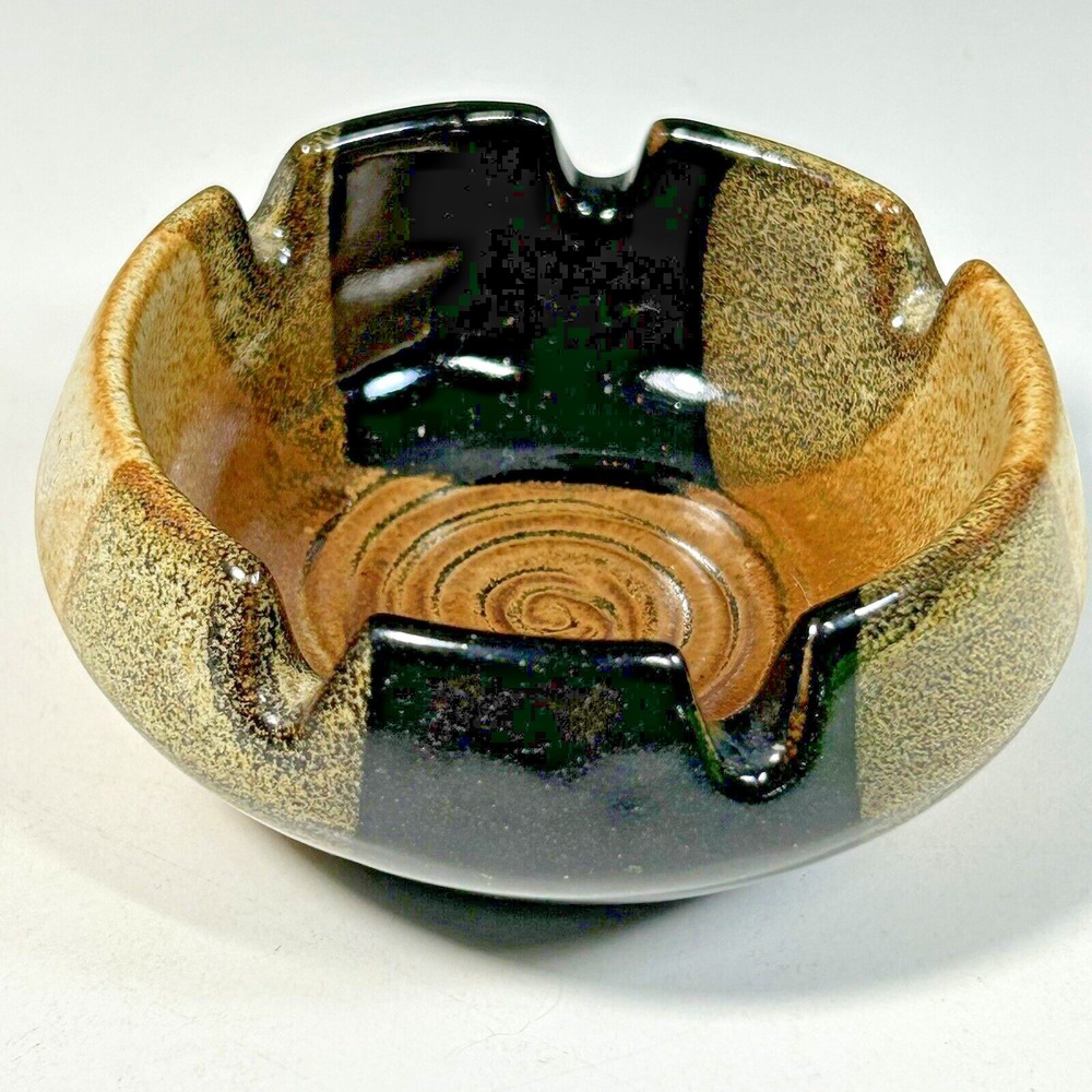 Vintage Ceramic Pic Tic USA  Swirl Design Pottery Ash Tray Brown Tan 5 Slot